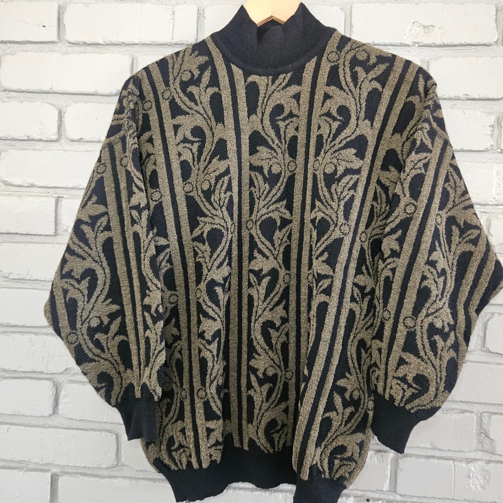 Rodier Vintage‎ Mock Neck Wool Blend Sweater Baroque Scroll Knit Black Green